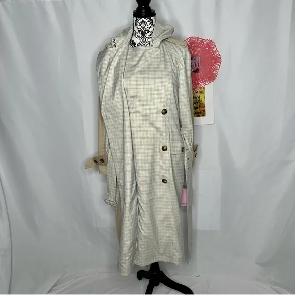 NWT Avec Les Filles Tan and Blue Plaid patchwork Trenchcoat Medium - Picture 7 of 16
